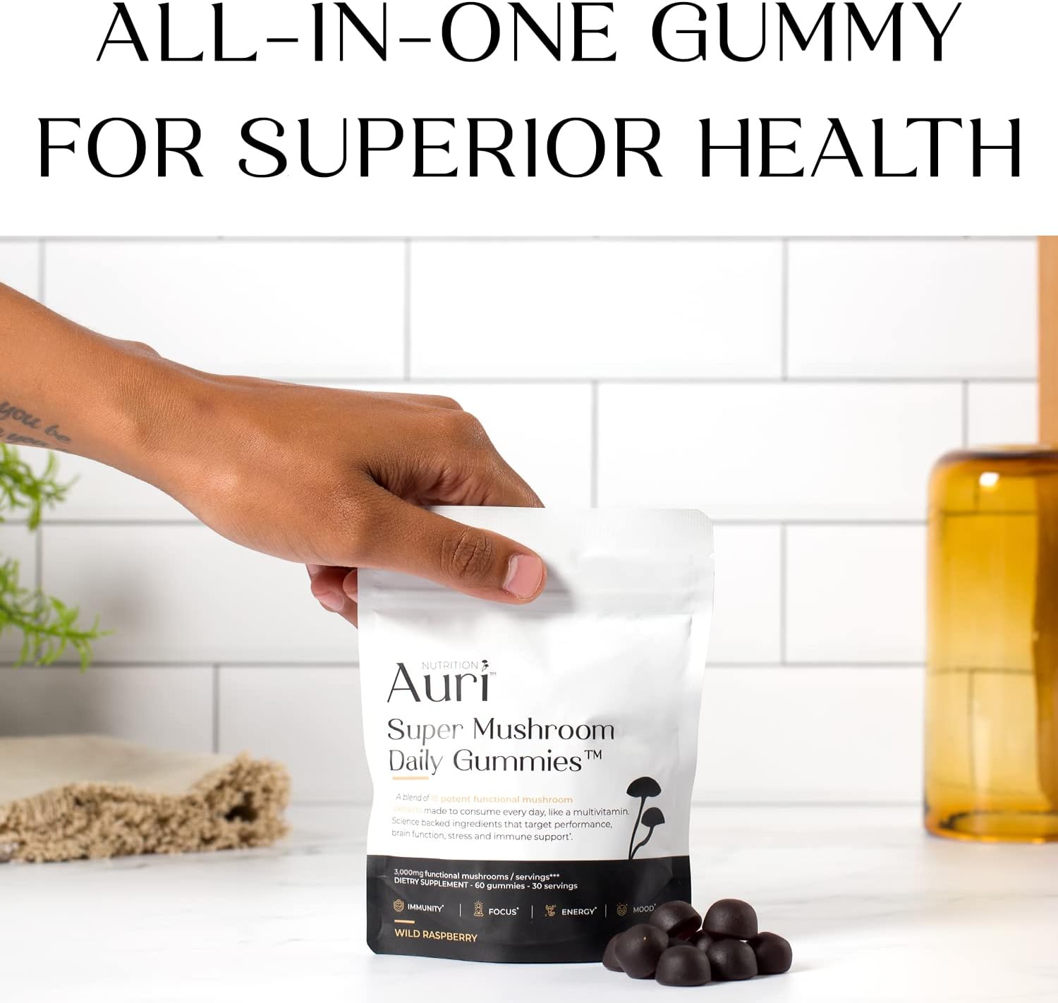 Auri Super Mushroom Daily Gummies - All-in-One Daily Mushroom Supplement Gummy - 12 Mushroom Blend with Chaga, Lions Mane, Reishi, Cordyceps - 60 Gummies - Image 3