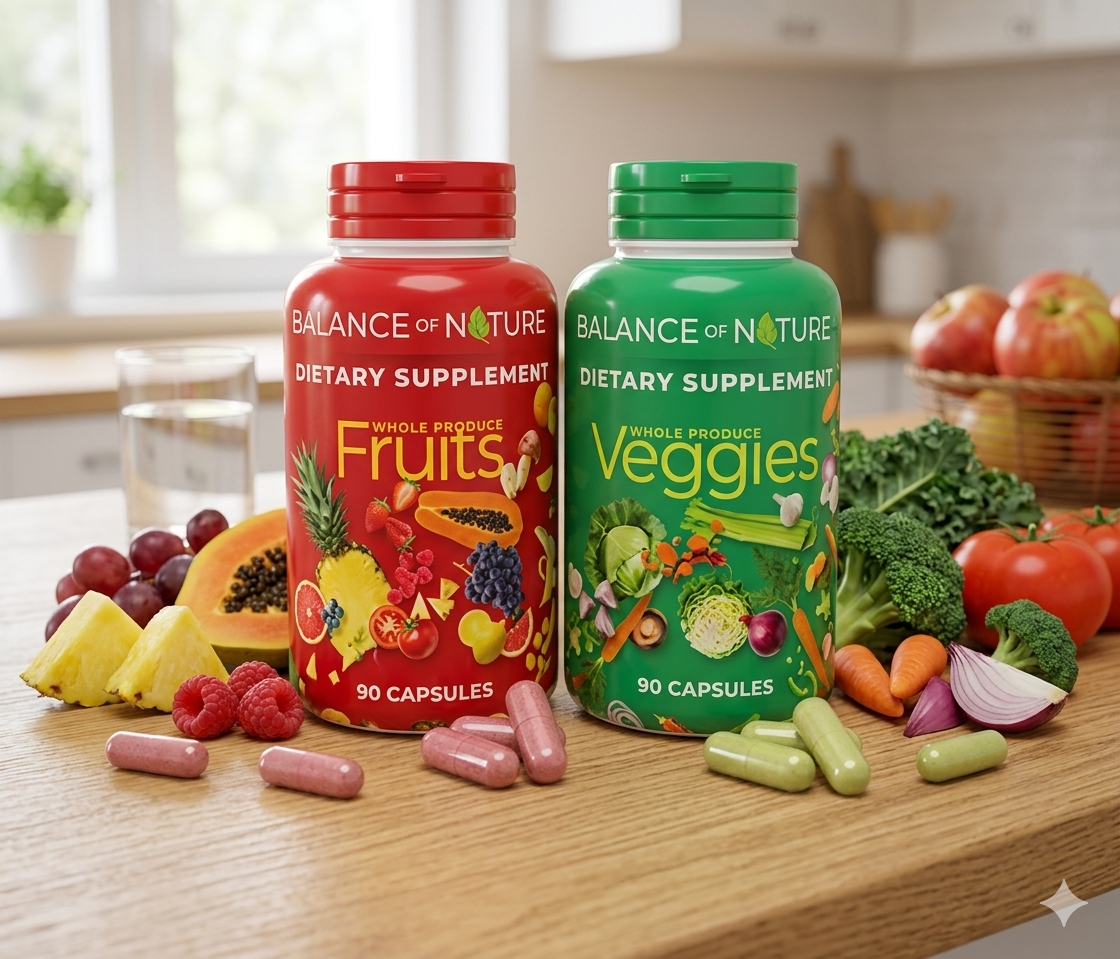 Balance of Nature Fruits and Veggies Capsules – Whole Food Fruit & Vegetable Supplement for Women, Men & Kids – 90 Fruit Capsules & 90 Veggie Capsules