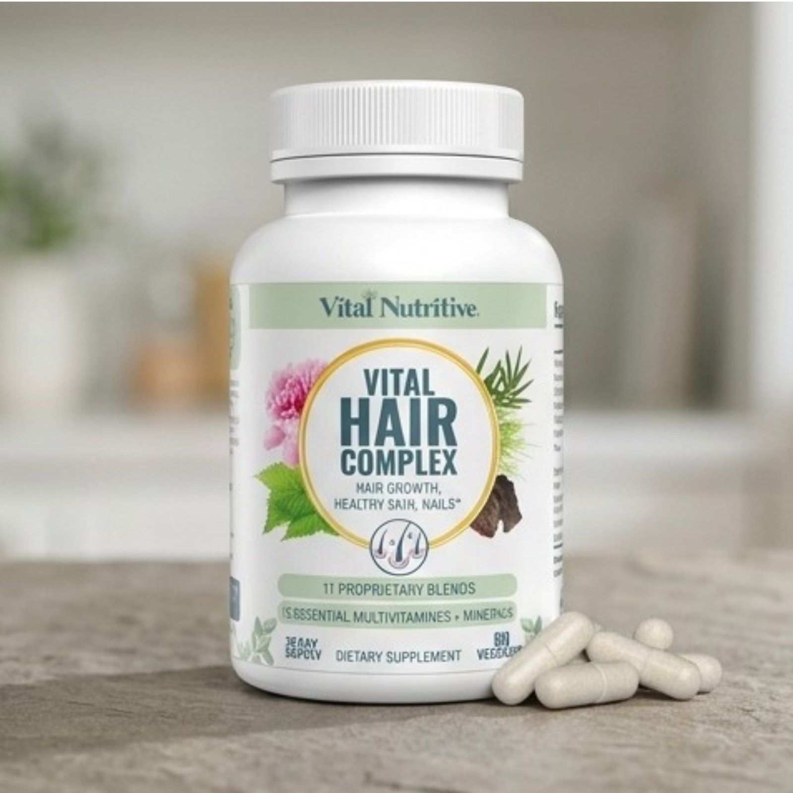 Vital Nutritive Hair Growth Supplement — 5000mcg Biotin & Vitamin B Complex for Thicker Hair, Skin & Nails — 60 Hormone-Free VegeCaps